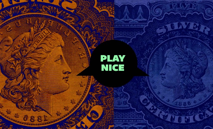Two heads of a coin facing each other with a speech bubble that reads, "Play nice." 