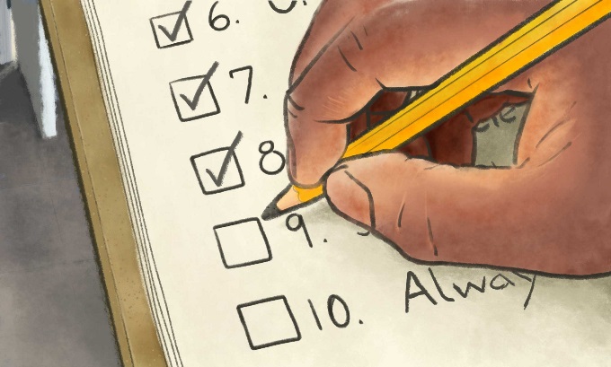 A graphic of a hand checking boxes on a checklist. Items six, seven, and eight are checked off. The person’s hand and yellow pencil hover over item nine.