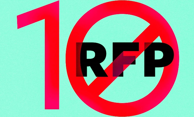The word RFP with a red number ten over the word. The zero in the ten is the universal prohibition sign.