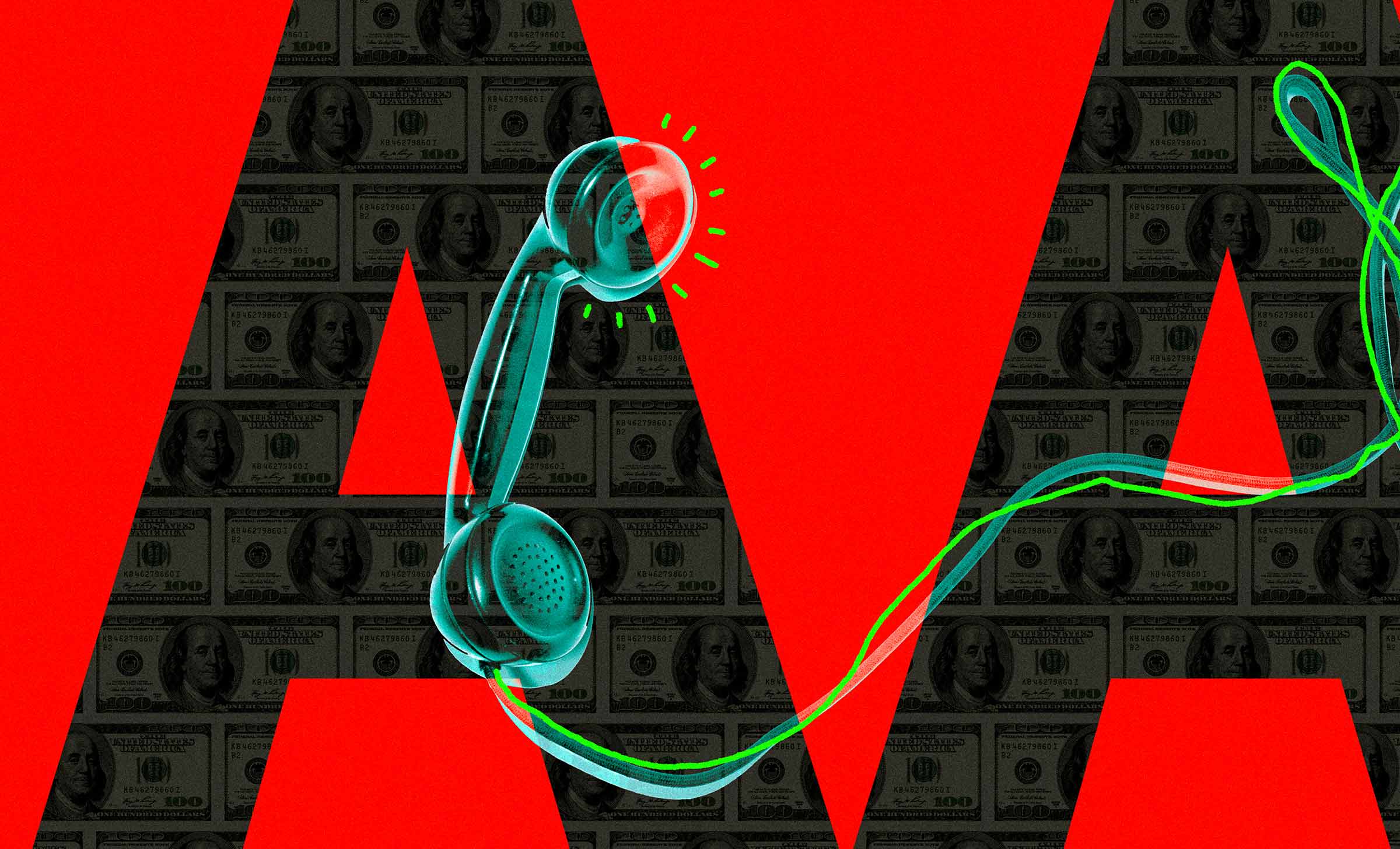 A red background with two giant A's filled with hundred dollar bills. A blue, transparent phone with a cord floats in front of the A's.
