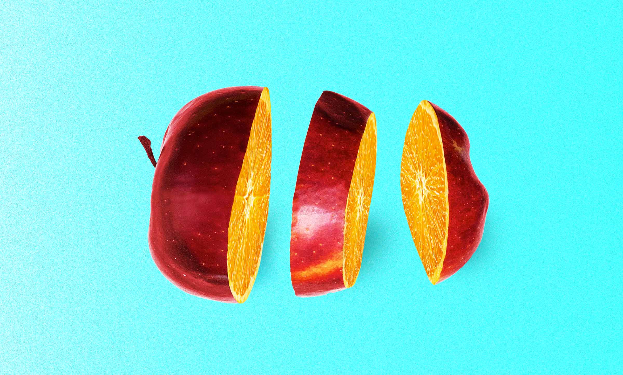 An apple cut three ways, showing the interior of an orange.