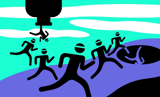 Cartoon of people falling out of a pipe, running across a purple ground, and then falling into a black hole.