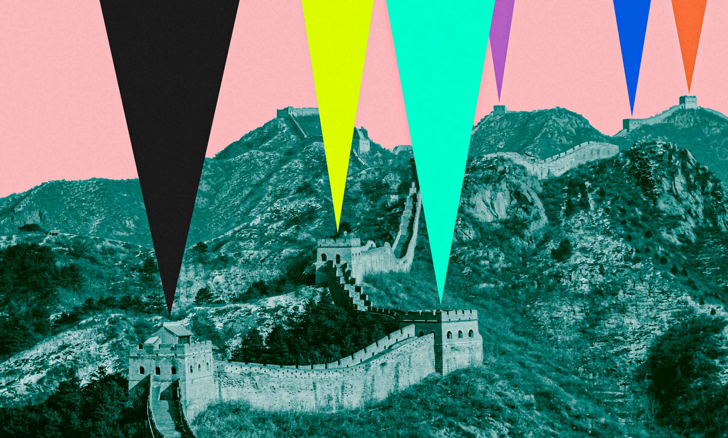 Image of the Great Wall of China with graphics of colorful triangles signaling different sections of the wall.