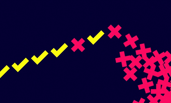 A series of yellow check marks ascending in the shape of a mountainside against a dark navy background. Towards the top, the check marks are replaced by red X marks, which pile down to the right in a large heap, completing the mountain shape.