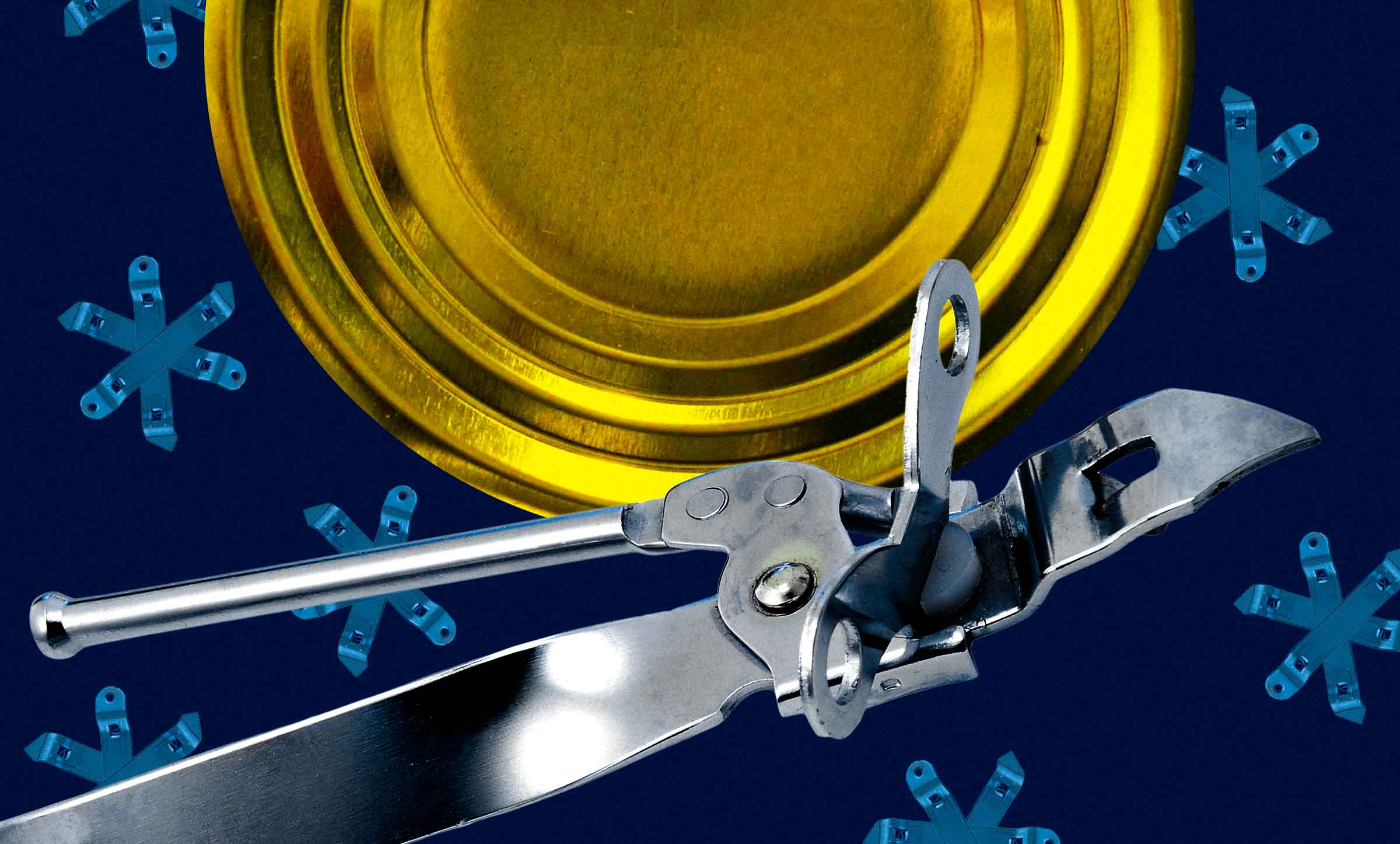 A bird's-eye view of a can opener opening a can with a golden lid. In the background are snowflakes made out of can openers.