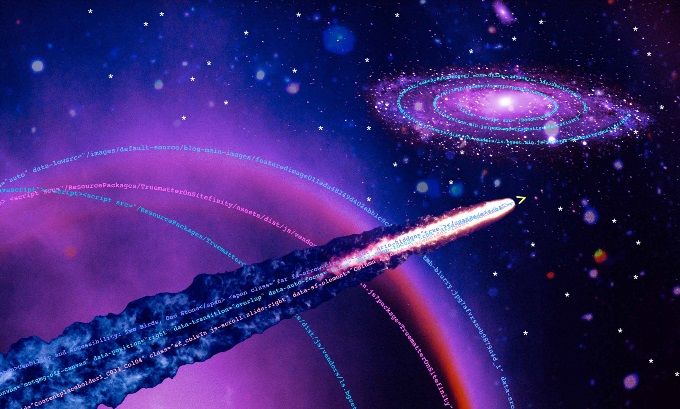 View of a planet in outer space with a rocket flying past it. There are lines of code around the planet and in the flames of the rocket, representing rings or fumes.