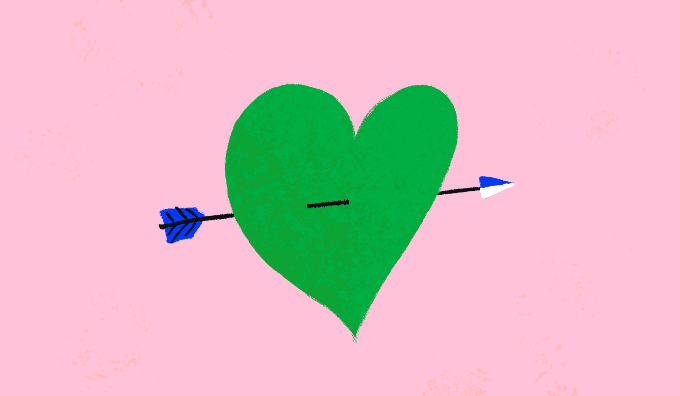 A pink background with a green heart with Cupid's arrow through it.