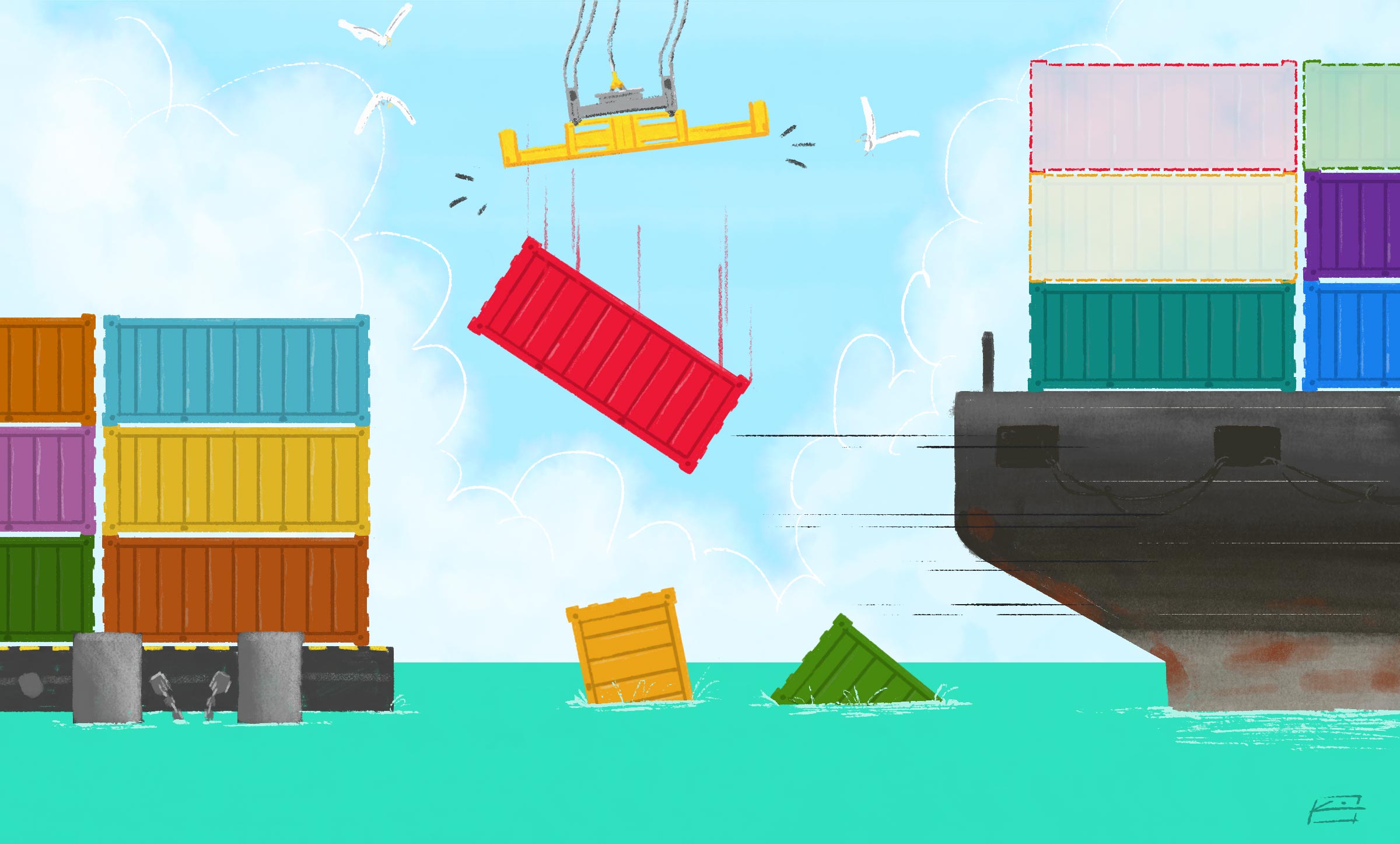 An illustration of an electromagnet dropping a red shipping container into the harbor. Two other containers float in the sea as a ship leaves without all of the cargo.
