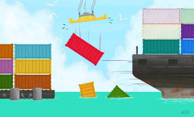 An illustration of an electromagnet dropping a red shipping container into the harbor. Two other containers float in the sea as a ship leaves without all of the cargo.