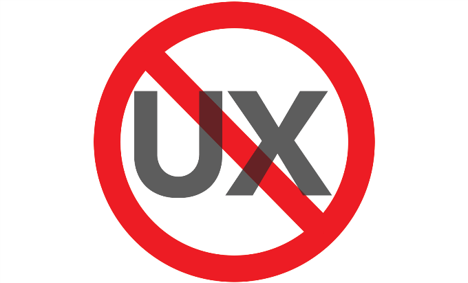 The word "UX" with a red prohibition sign laid on top.