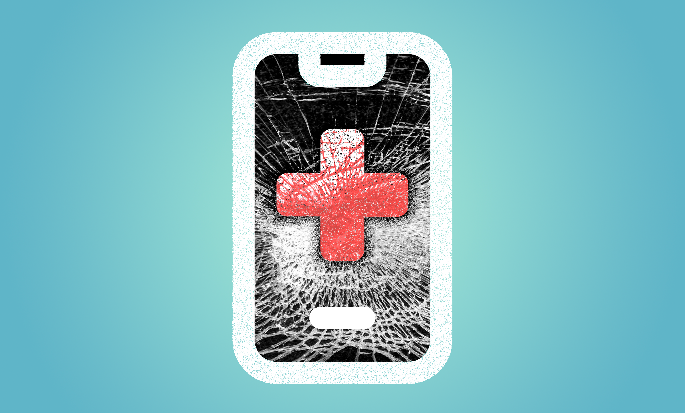 A graphic of a phone with a shattered screen on a light blue background. On the screen is a red medical cross.
