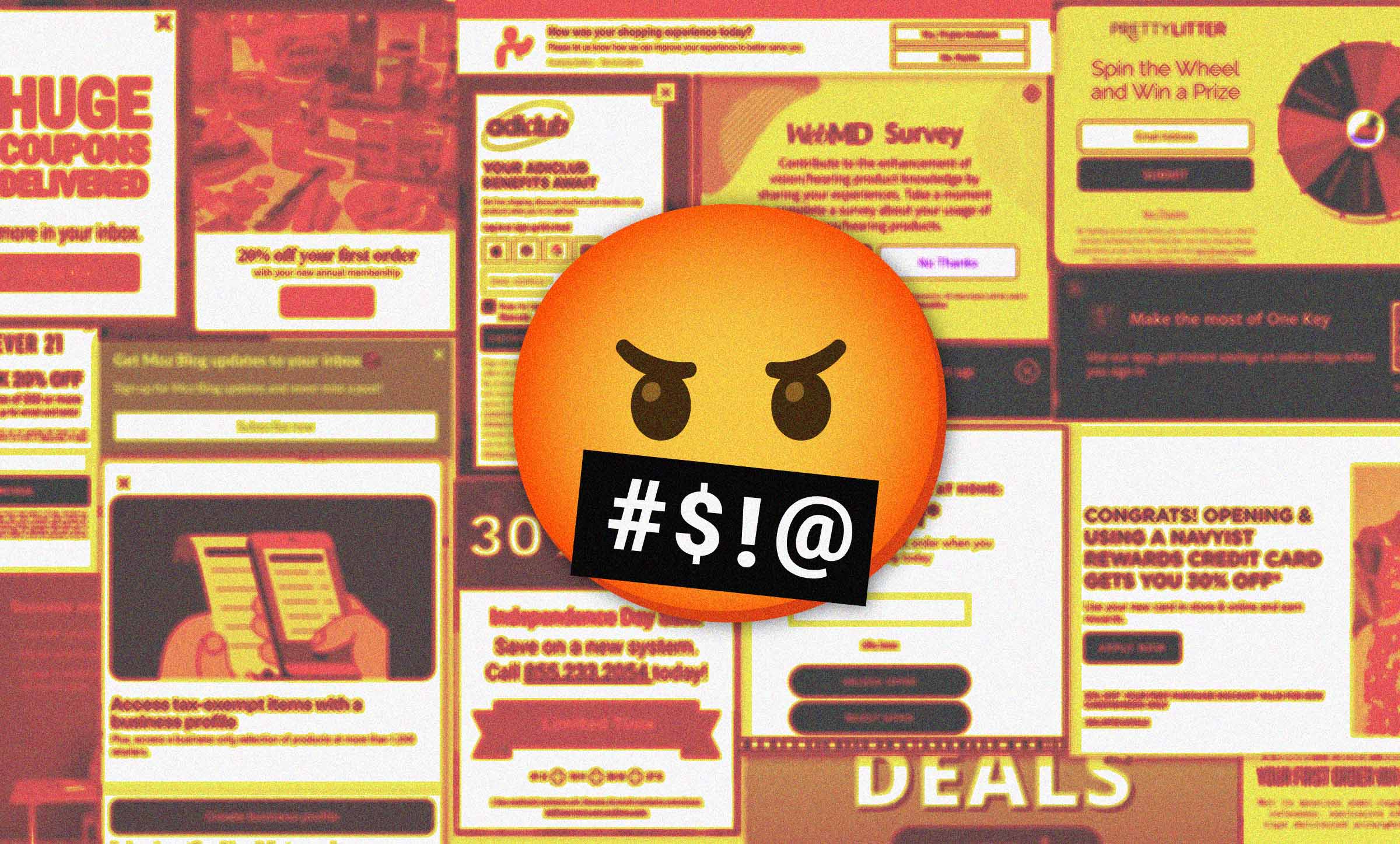 Angry emoji reacts to pop-ups on websites.