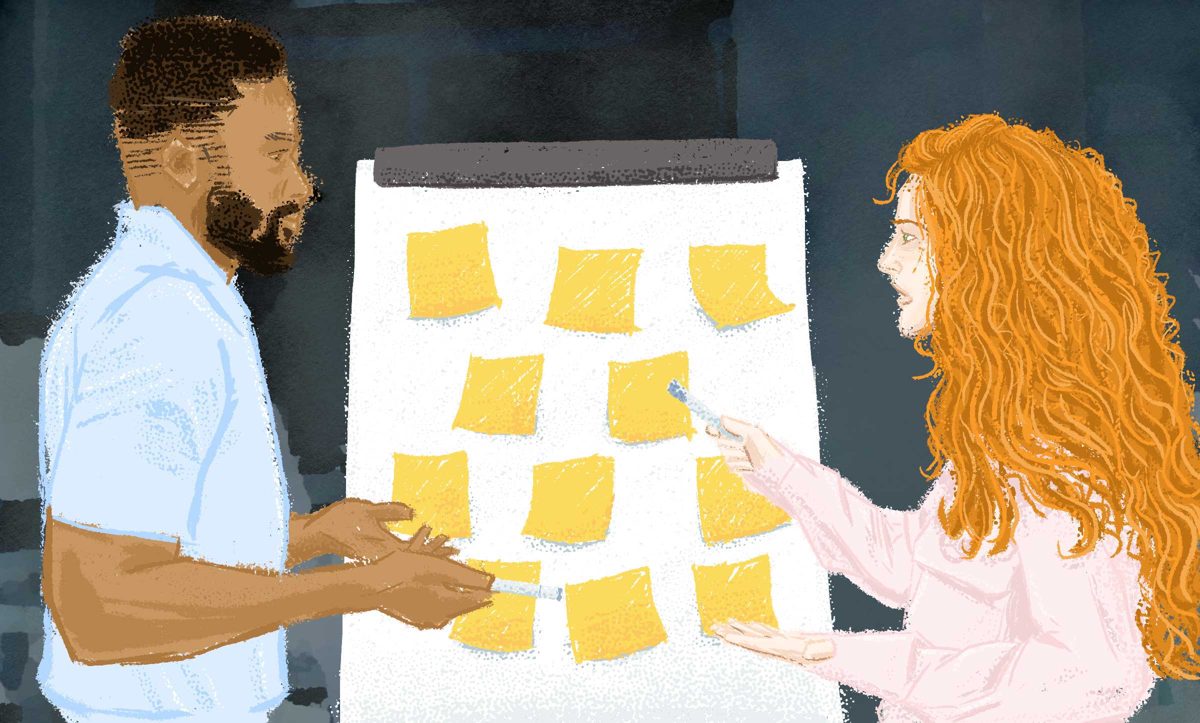 An illustration of a man and a woman doing a hands on activity with sticky notes.