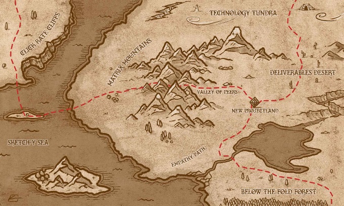 UX Fantasy Map with Click Rate Cliffs, Technology Tundra, Matrix Mountains, Valley of Peers, Deliverables Desert, New Projectland, Sketch-y Sea, Empathy Path, and Below the Fold Forest locations.