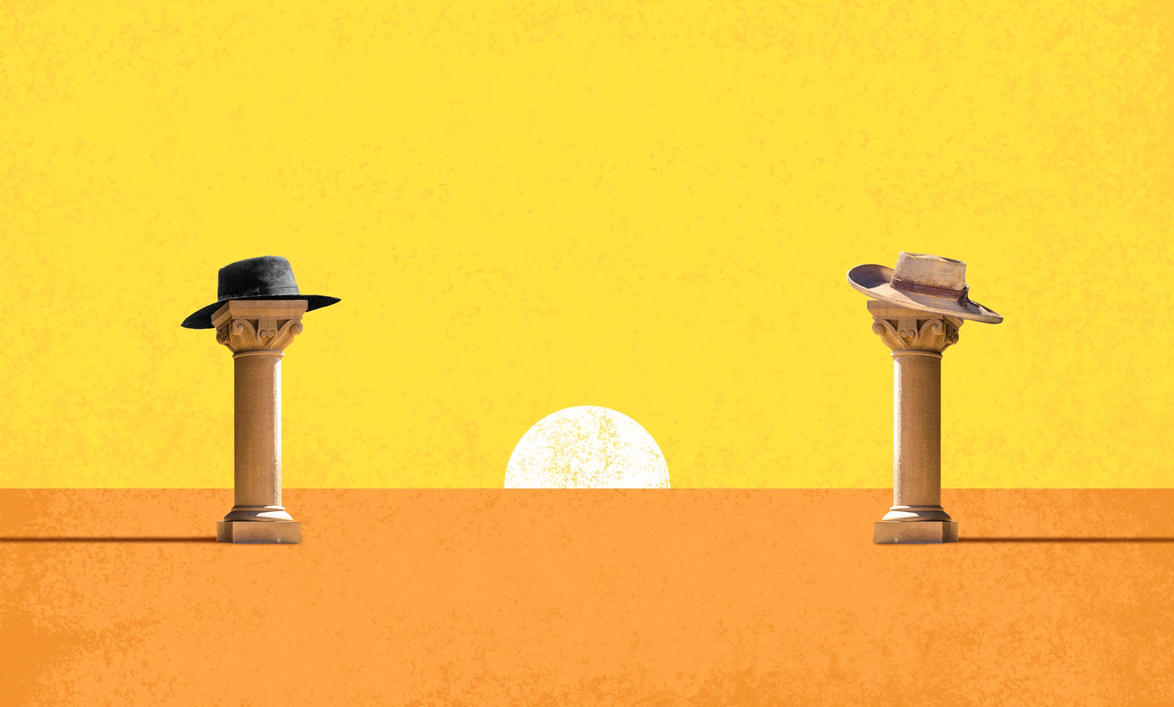 Graphic of a Wild West sunset showdown between two columns, reminiscent of higher-education, in cowboy hats.