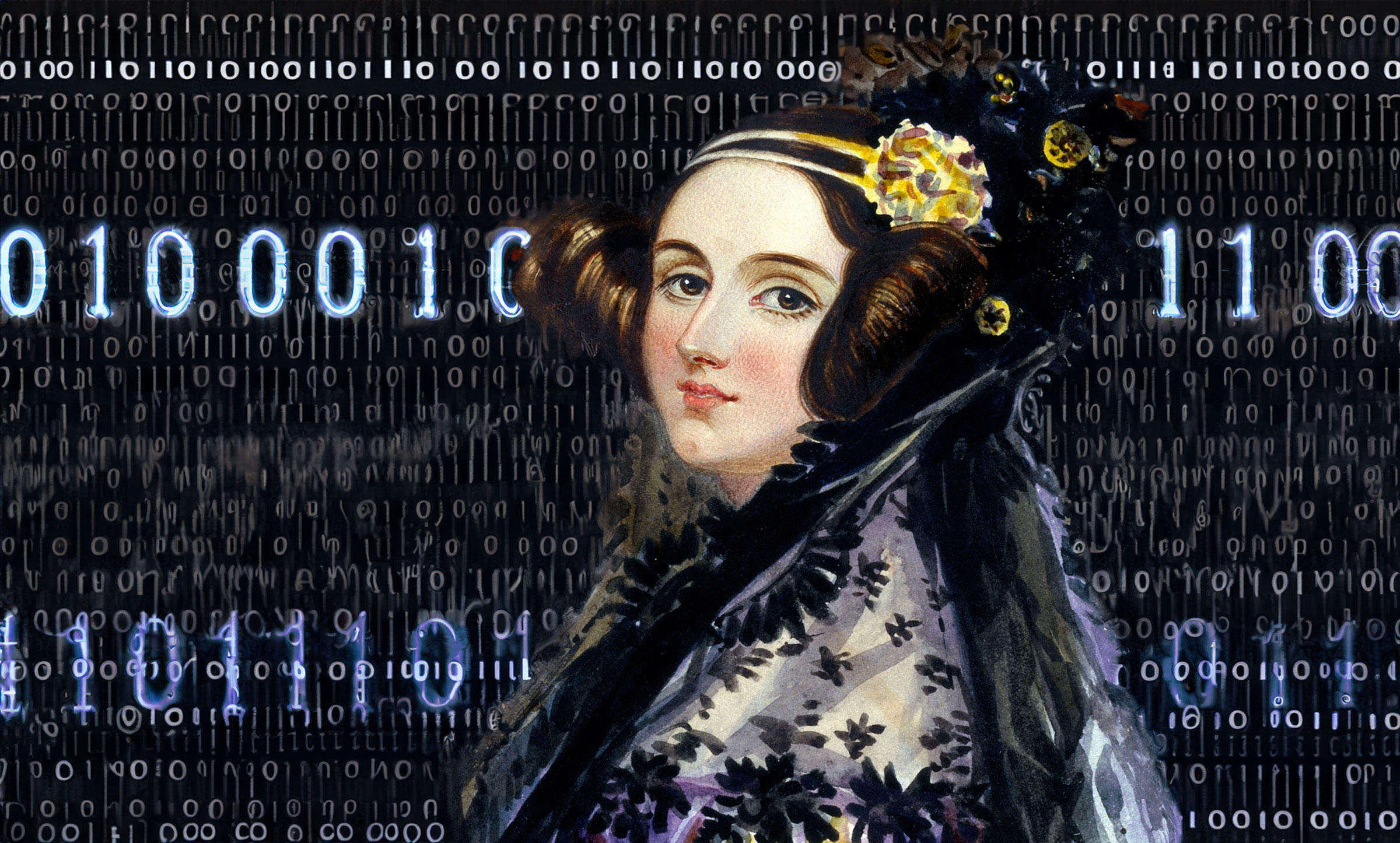 A portrait of Ada Lovelace with blue binary code alternating in size in the background.