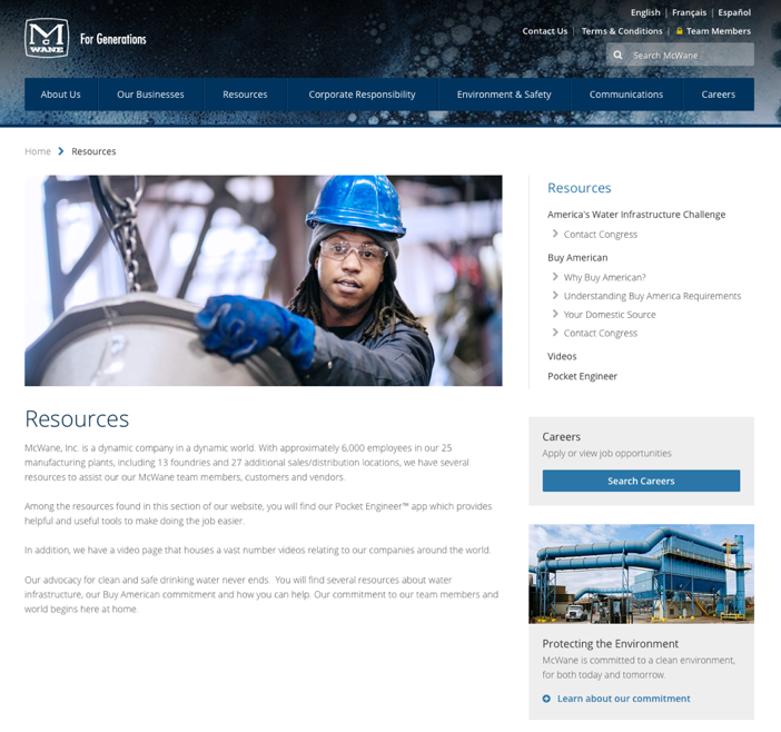 Screenshot of the McWane Resources page. There is a picture of a worker and a couple paragraphs about Resources.