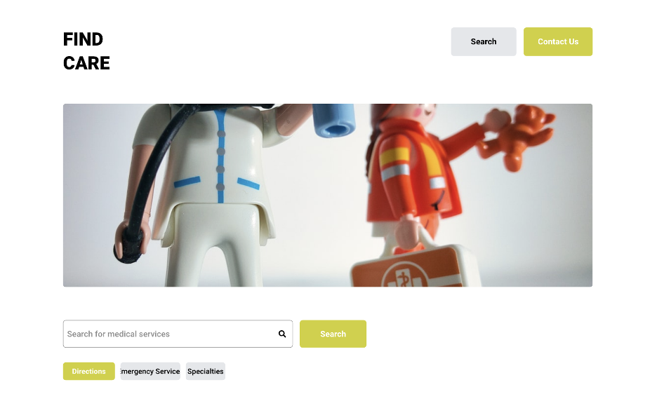 An AI generated hospital website for finding care, medical services, and directions.