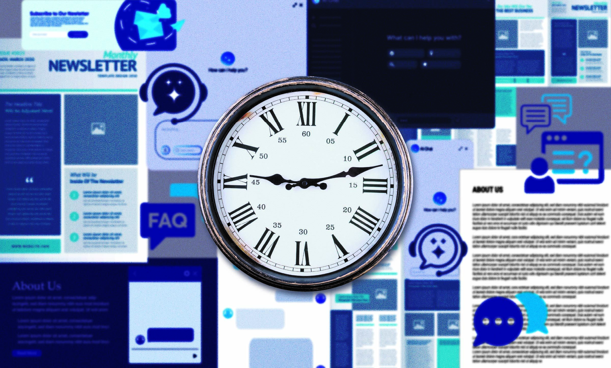 A clock face centered over a collage of things that annoy people online: long About content, newsletters, chatbots, and FAQs