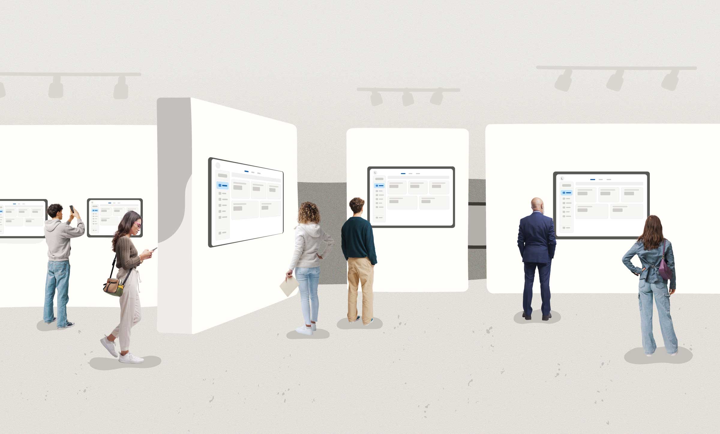People walk around a museum, looking at displays of similar looking user interfaces.