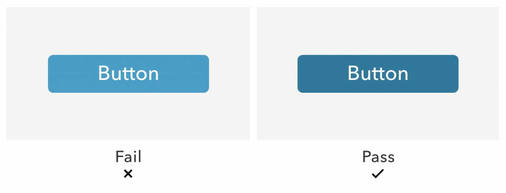 Two blue buttons with white text. A lighter blue button is on the left and fails WCAG requirements because there is not enough contrast between the white text and blue background. A darker blue button is on the right and passes the requirements because it has higher contrast.
