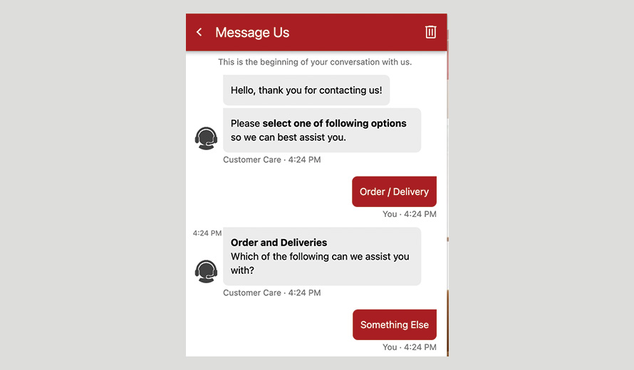 Messages between a customer and a chatbot. The customer starts by saying that they need assistance with an order or delivery. The chatbot offers help options, but none of them apply to the customer.