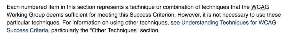 A long paragraph from the WCAG guidelines with a link in blue in the middle of the paragraph. The link is blue but gives no non-color indication that it is a link, so it does not pass contrast compliance.